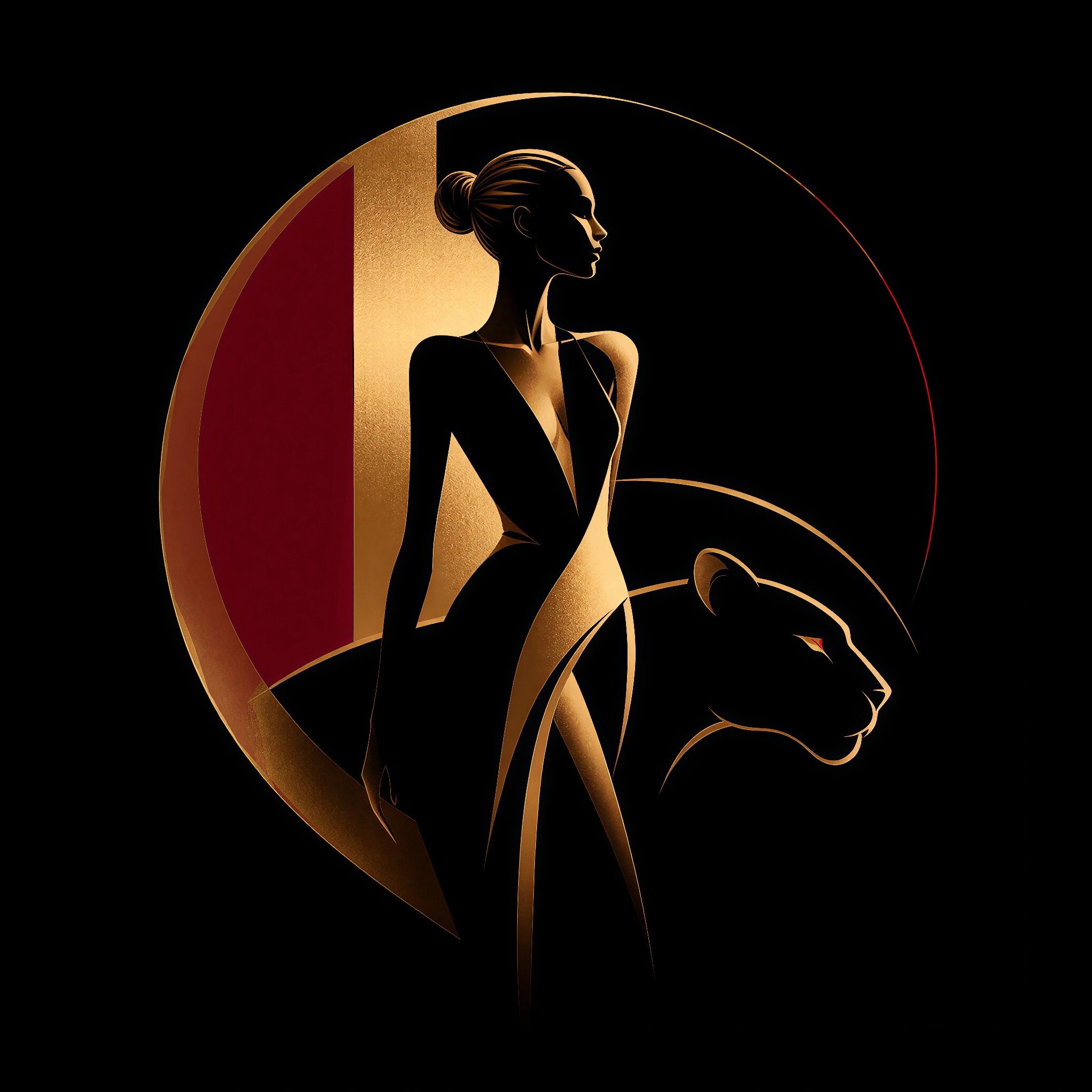 Panther Nights symbol showing a female silhouette alongside a panther in gold, bronze and red.
